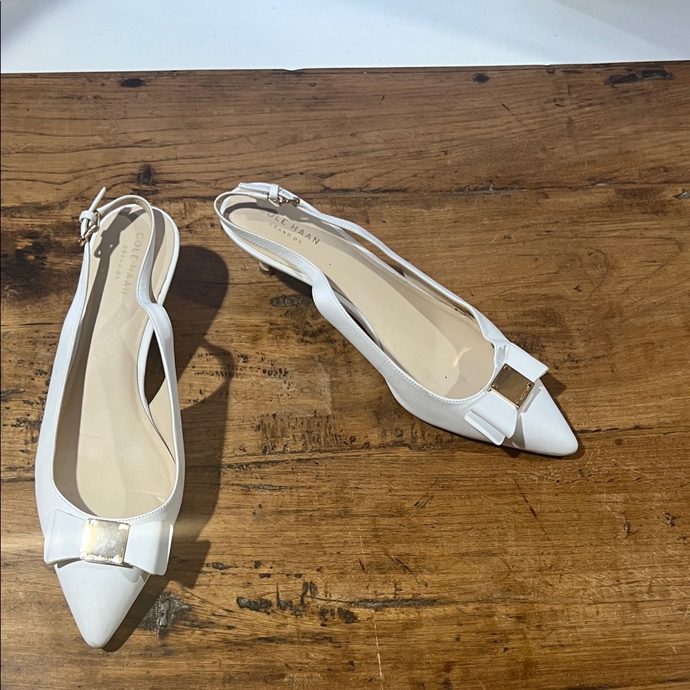 Cole Haan White Slingback 1.5” princess heels with Gold Accent